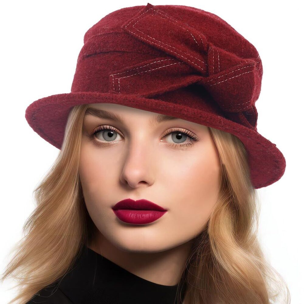 4314 Women Vintage Felt Bucket Hat Winter Wool Dress Beret Hat (c021-claret)